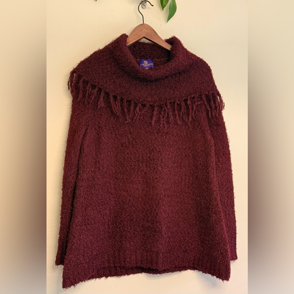 Curations Burgundy Fringe‎ Sweater cowl neck size1X